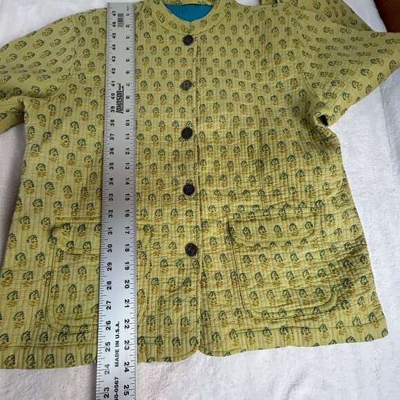 Artisan Print Quilted Jacket Green Mandarin Collar Button Front Pockets Boho - Picture 5 of 5
